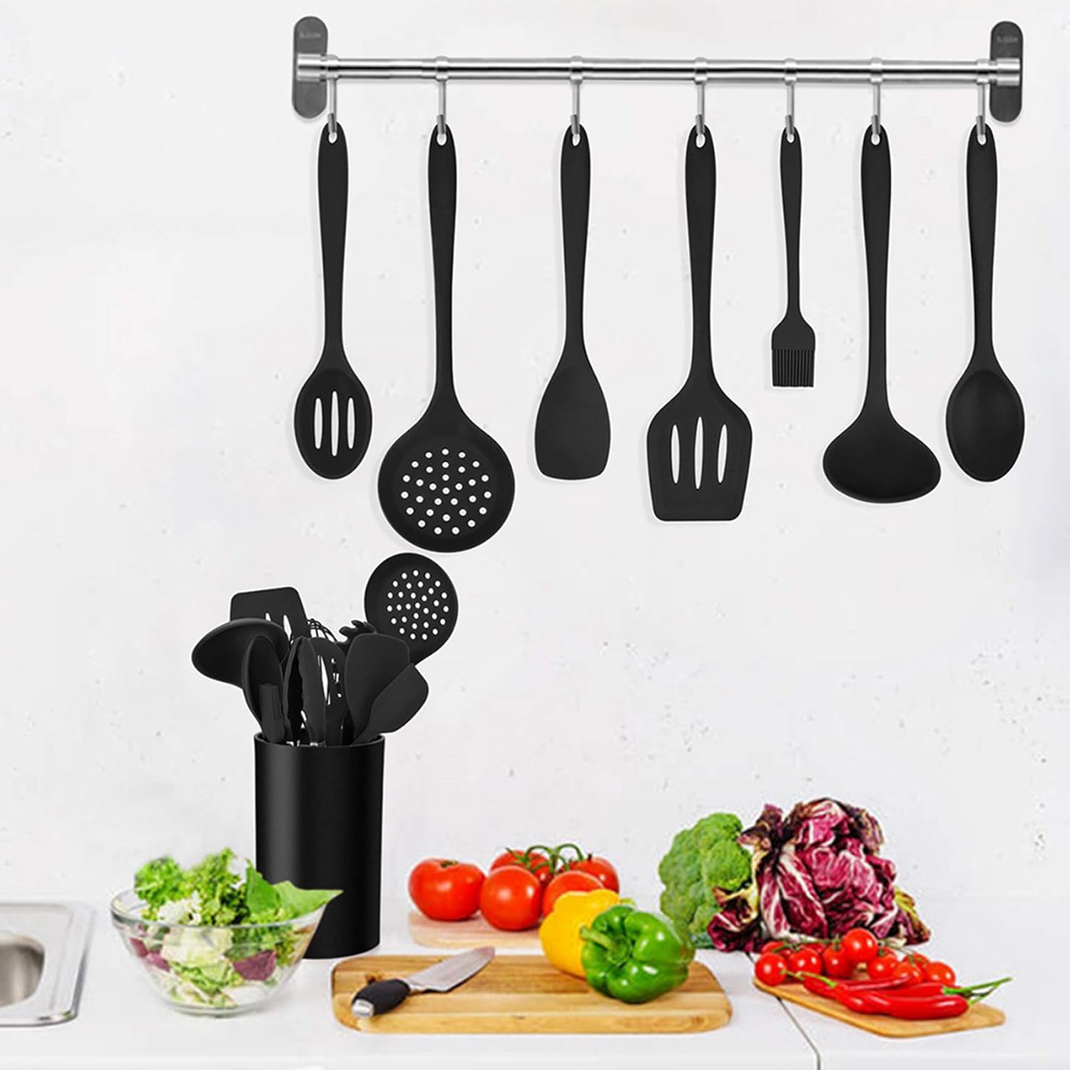 12-Piece Silicone Kitchen Cooking Utensils Set with Holder, Kitchen Tools Include Slotted Spatula Spoon Turner Ladle Tong Whisk, Dishwasher Safe
