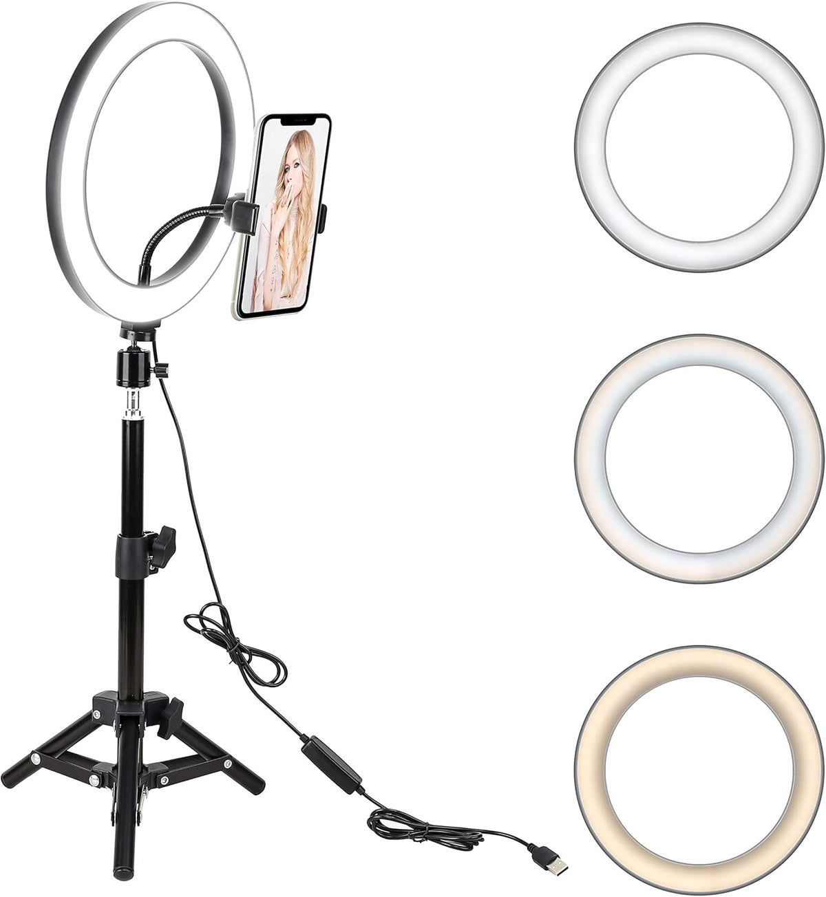 3 Shades Ring Light LED 26cm Photography Lighting Video Studio Live Selfie Makeup Ring light (Set)